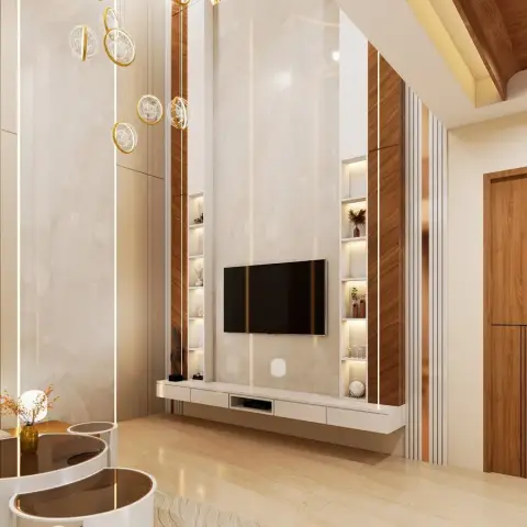 Double-height TV wall in pale onyx-look slab flanked by teak fluted fins and slim backlit display niches
