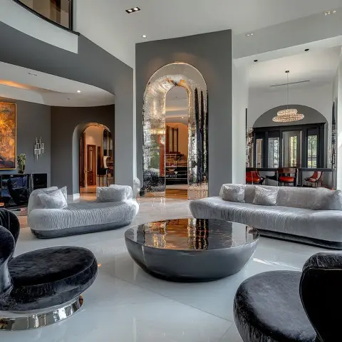 Double-height villa living room with two curved grey velvet sofas and black swivel chairs around a low black lacquered drum table