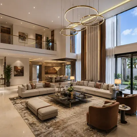 Double-height villa living room with layered gold ring pendant lights, a dark stone coffee table, and a glass-railed mezzanine walkway overlooking the space.