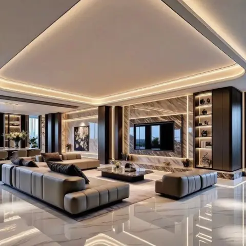 Double-width living room under a rounded triangular ceiling raft rimmed in warm cove light