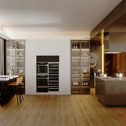 Dual-island kitchen with a marble-top island and a wood-clad island, flanked by glass-front wine and glassware display cabinets either side of a built-in oven