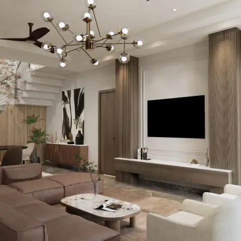 Duplex living room with a fluted wood-panelled TV wall flanked by ribbed pilasters, a branching glass-globe chandelier