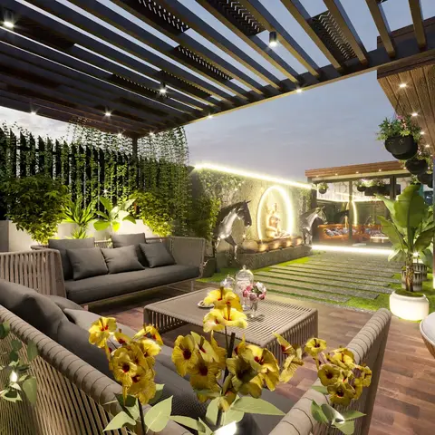 Dusk render of a roof terrace under a timber pergola strung with spotlights: two rope-weave sofas on a wood deck