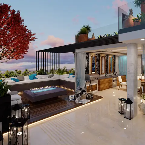Dusk render of a rooftop terrace with a low fire-table on a timber deck, a built-in white L-sofa with teal cushions