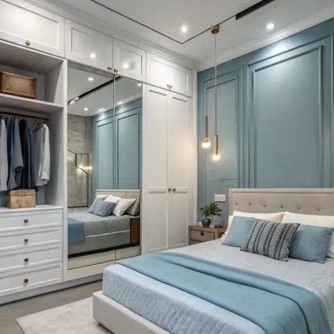 Dusty-blue bedroom with beaded frame mouldings behind the bed, a white shaker wardrobe whose mirrored bay reflects the room and whose end bay is left open for