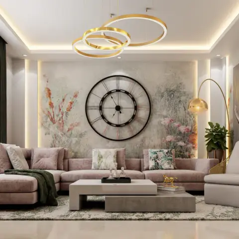 Dusty-pink L-shaped sofa under an oversized black skeleton wall clock on a pale distressed floral mural