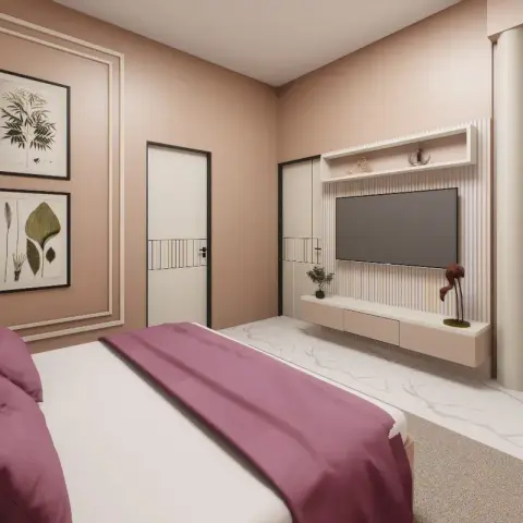 Dusty-rose bedroom with two botanical prints inside a white moulding frame, a plum runner across the bed and a fluted TV panel with a floating shelf opposite