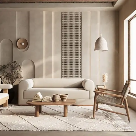 Earthy living room with exposed timber ceiling beams, a lime-plaster arch-motif wall inset with a rattan cane panel