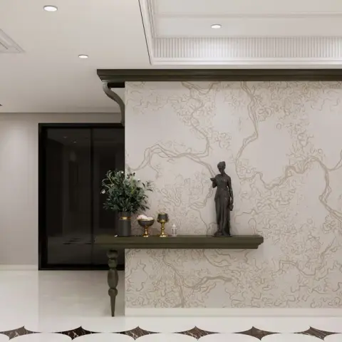 Entrance foyer render with a bronze figurine on a slim green-stone shelf against a tendril-patterned wallpapered wall