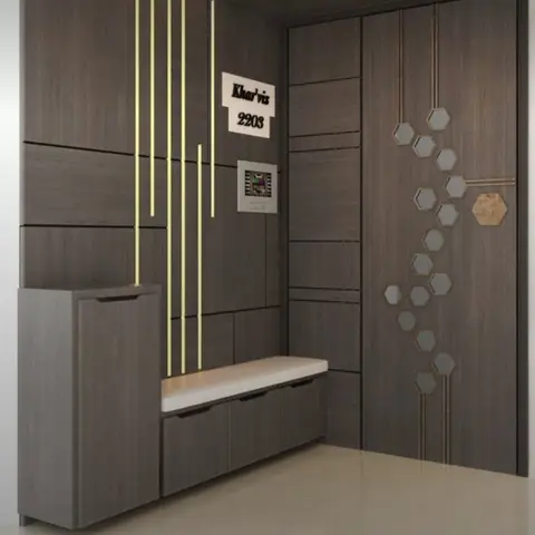 Entrance foyer render with dark wood-panelled walls, vertical brass inlay strips, a hexagonal mirror mosaic feature and a bench with built-in shoe cabinet