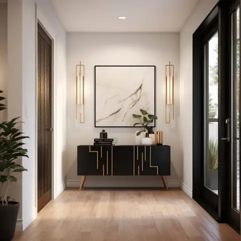 Entrance foyer with a black glass front door, brass-inlaid black console table, and a large abstract marble-look artwork flanked by fluted brass sconces.