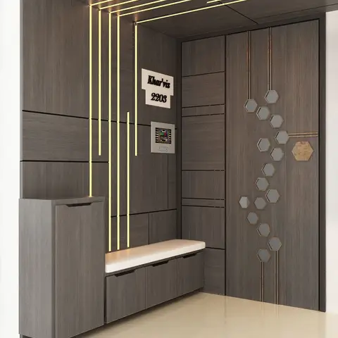 Entrance foyer with a dark wood-veneer main door featuring a hexagonal mirror mosaic inlay, a cushioned shoe-cabinet bench
