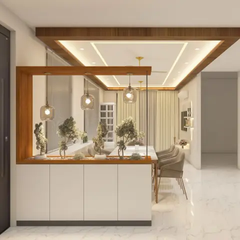 Entrance foyer with a glass-topped planter partition styled with mini bonsai trees beside the front door