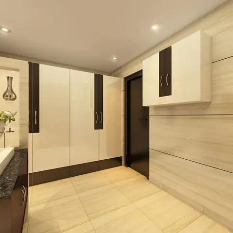 Entrance foyer with a glossy cream-and-espresso storage wardrobe, a matching wall-mounted cabinet, and a dark wood-veneer main door.