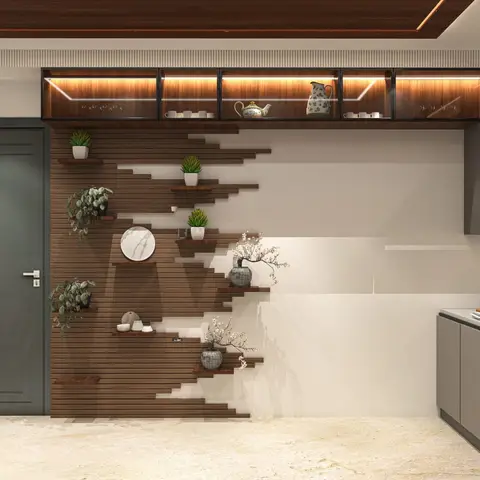 Entrance foyer with a staggered wood-slat display wall styled with plants and ceramics, beneath a backlit glass crockery cabinet
