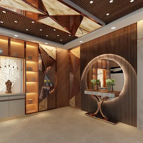 Entrance foyer with fluted wood wall cladding, a geometric mirrored ceiling feature, and a circular backlit mirror above a curved console table.