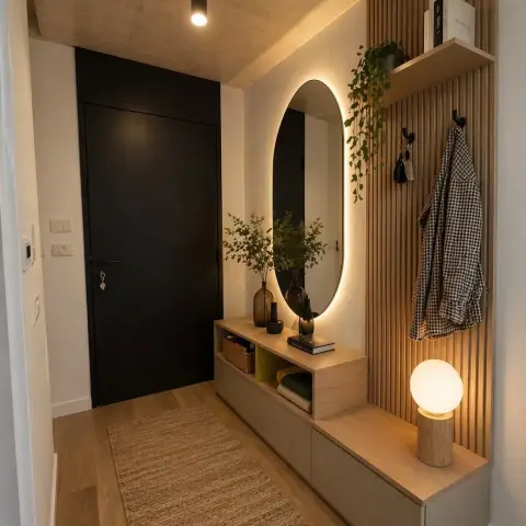 Entrance hallway with a black front door, a backlit oval mirror over a floating wood console, fluted wood slat wall panelling with coat hooks