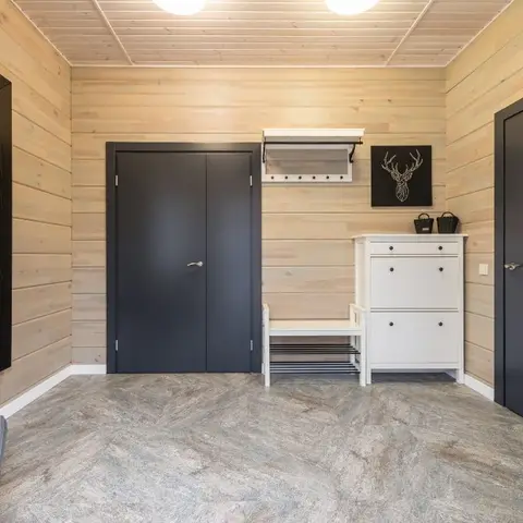Entrance mudroom with a full-length mirror leaning against a wood-plank wall, navy doors, a white shoe cabinet and a deer-head wall art piece