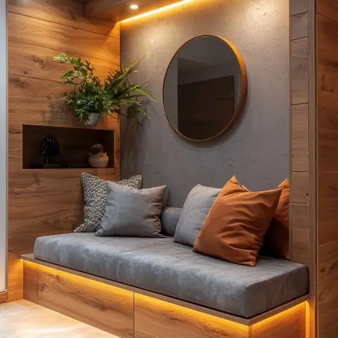 Entrance nook with a built-in wood shoe-storage bench topped with grey and rust cushions, lit by an LED strip beneath the seat and a round mirror above.