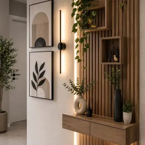 Entrance wall in fluted walnut-slat panelling with a floating console, integrated LED profile lighting, framed line-art prints