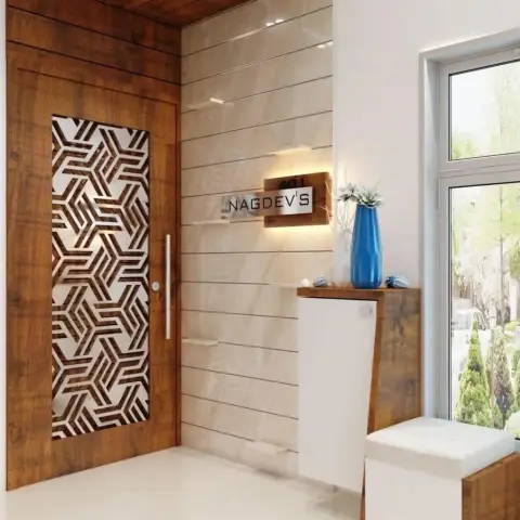 Entry foyer render with a rustic-wood main door carrying a laser-cut geometric jaali panel