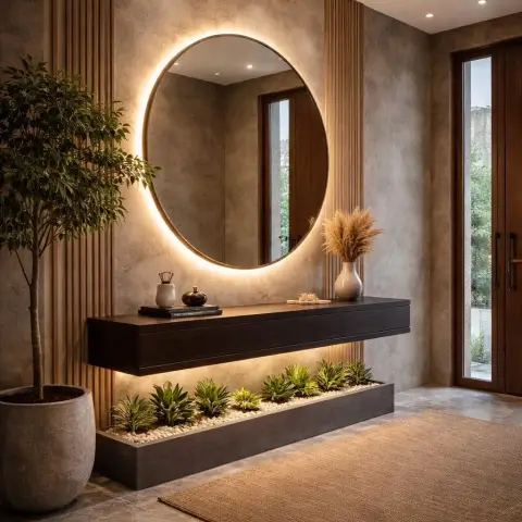 Entry foyer with a backlit round mirror on a textured plaster wall between oak batten runs