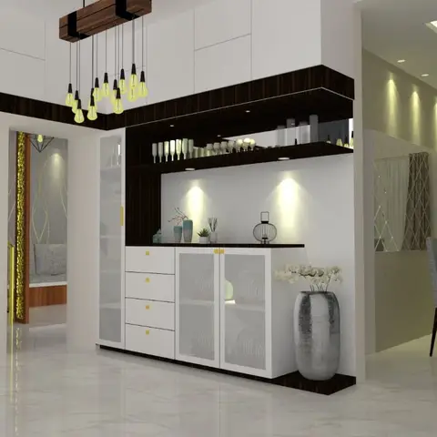 Entry partition unit with a dark wood-and-white crockery display cabinet under a cluster of hanging bulb pendants, dining room glimpsed beyond.