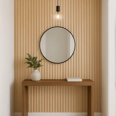 Entryway nook with a full-height fluted wood-slat accent wall, a round black-framed mirror, and a matching solid-wood console table.