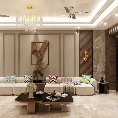 Expansive living room render with a marble-and-fluted-wood panelled feature wall, a sculptural wood wall art piece, a crystal chandelier and ceiling fans