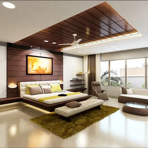 Expansive master bedroom with a wood-slat feature ceiling and matching panelled headboard wall, an upholstered bed on a floating base