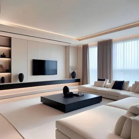 Expansive minimalist living room in warm beige tones with a floating black-topped TV console, a low black cube coffee table, and full-height sheer curtains.