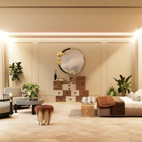 Expansive primary suite with floor-to-ceiling city views, a diamond-pattern armchair seating nook