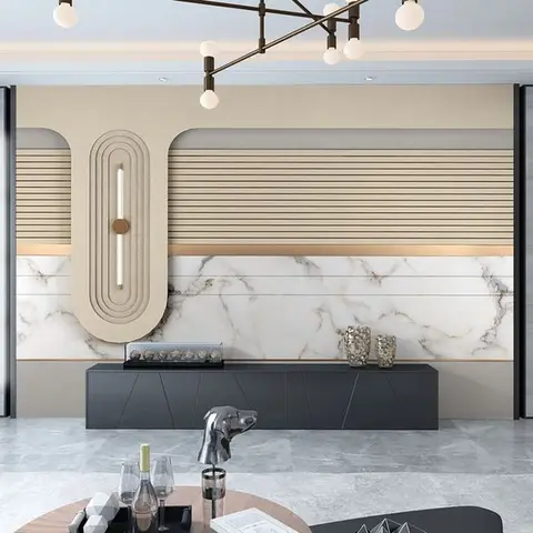 Feature wall render combining fluted panelling, a marble band and an arched backlit niche above a black console, under a branching globe chandelier