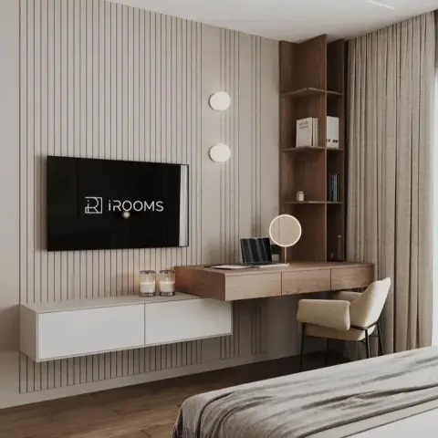 Fine-reeded beige panelled wall carrying a wall-hung TV over a white floating console