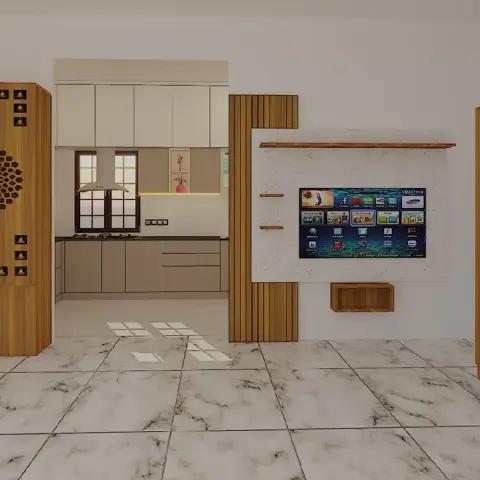 Flat elevation render of a hall wall: a teak pooja cabinet with a carved sunburst jaali on the left