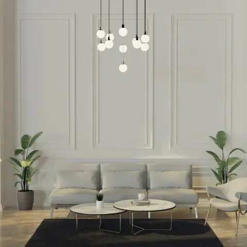 Flat-on staged render of a living room against classical rectangular wall mouldings, with a grey three-seater