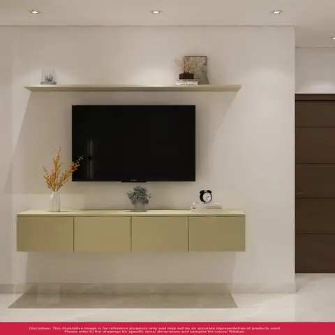 Floating gold-lacquer TV console with a matching display shelf above styled with a vase, books and a small clock