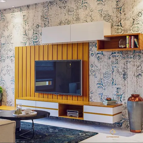 Fluted mustard-wood TV feature wall with white gloss floating cabinets and an open cubby shelf, set against cream-and-teal medallion wallpaper