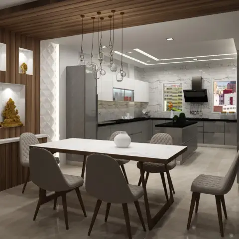 Fluted walnut wall holding three lit niches with a gold Ganesh idol, wrapping up into a slatted ceiling over a marble-top dining table under clustered
