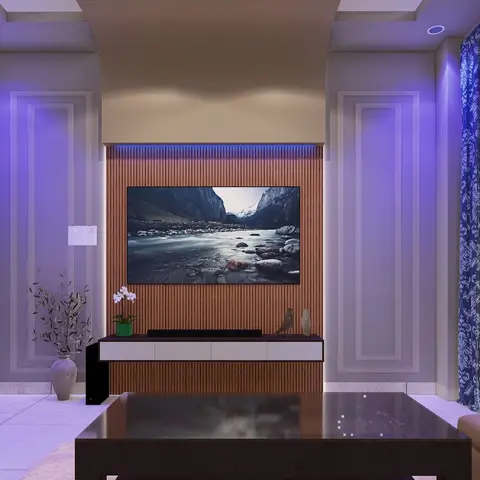 Fluted wood TV feature wall with a backlit cove and a floating white console, flanked by moulded panel walls and bold blue-patterned curtains under blue accent