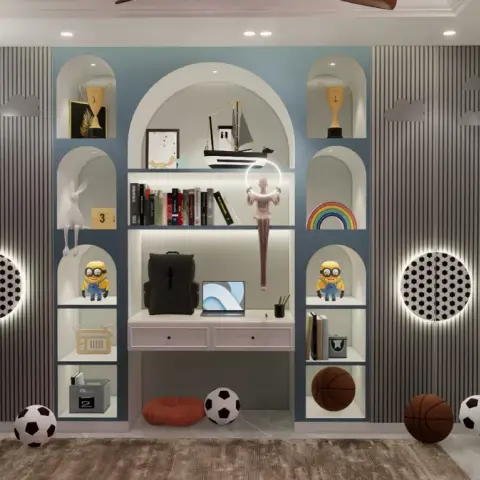 Football-themed child's room where arched white niches hold trophies, Minions and a rainbow