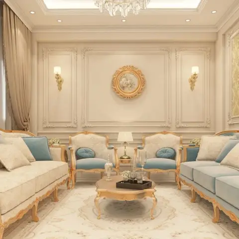 Formal cream drawing room where gold-leafed carved sofa frames and powder-blue velvet seats face each other under a tiered crystal chandelier