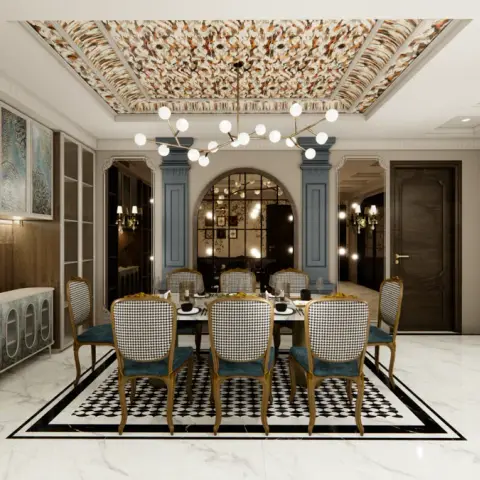 Formal dining room under an inlaid mother-of-pearl ceiling panel and a brass sputnik chandelier