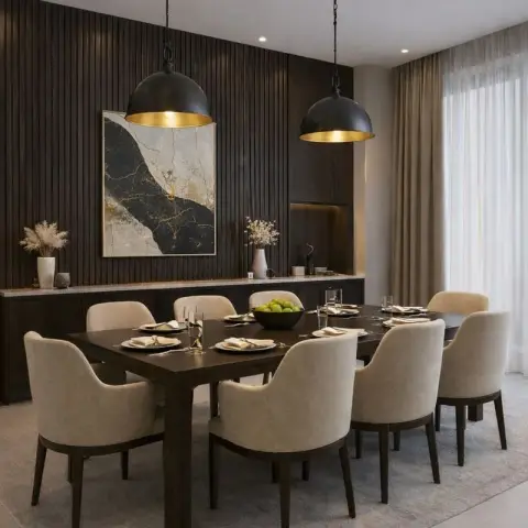 Formal dining room with a fluted dark-wood accent wall, twin black dome pendants over a dark wood table set for eight, and a grey area rug underfoot.