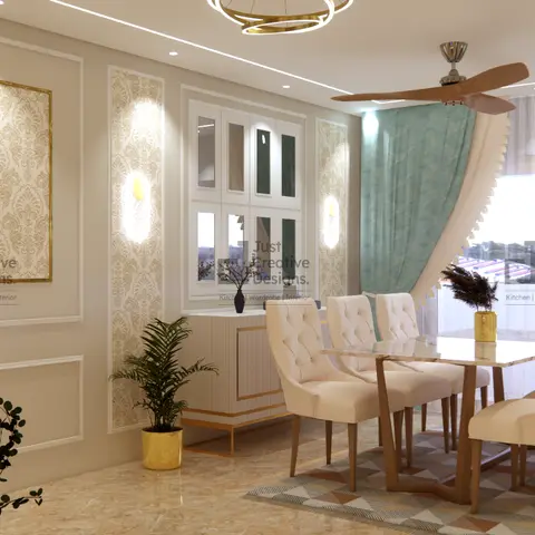 Formal dining room with a gold-framed damask wallpaper panel, a mirrored crockery sideboard, teal drapes with tasselled trim