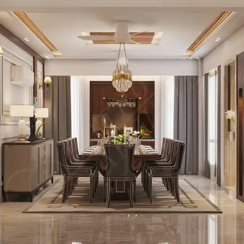 Formal dining room with a ten-seat upholstered dining set on a bordered rug, a tiered crystal chandelier, wood-panelled walls