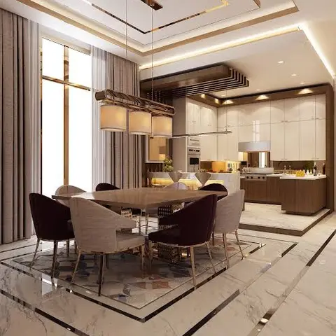Formal dining set with a brass triple-drum pendant fixture over the table on an inlaid marble floor