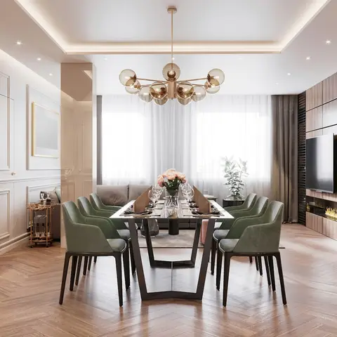 Formal dining setup for eight beneath a sputnik-style glass globe chandelier, with a wainscoted display wall on one side and a wood-panelled TV and fireplace