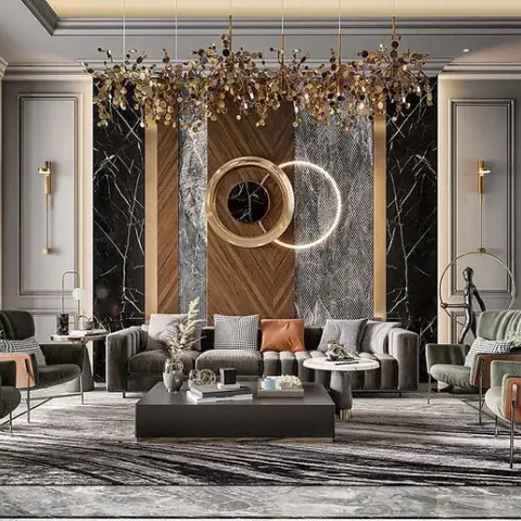Formal double-height-feel living room where a herringbone wood centre panel is flanked by black marble slabs and framed by brass reveals