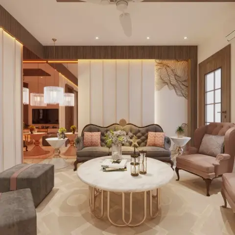 Formal drawing room render with a grey buttoned camel-back settee between two blush wingback chairs, a white marble round table on a rose-gold arched base